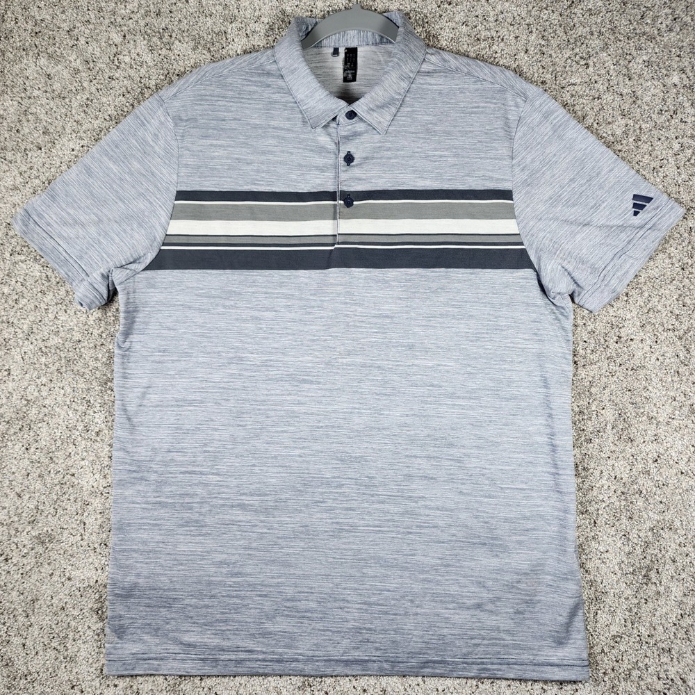 Adidas Polo Shirt Mens L Blue Space Dye Chest Stripe Golf Top Excellent